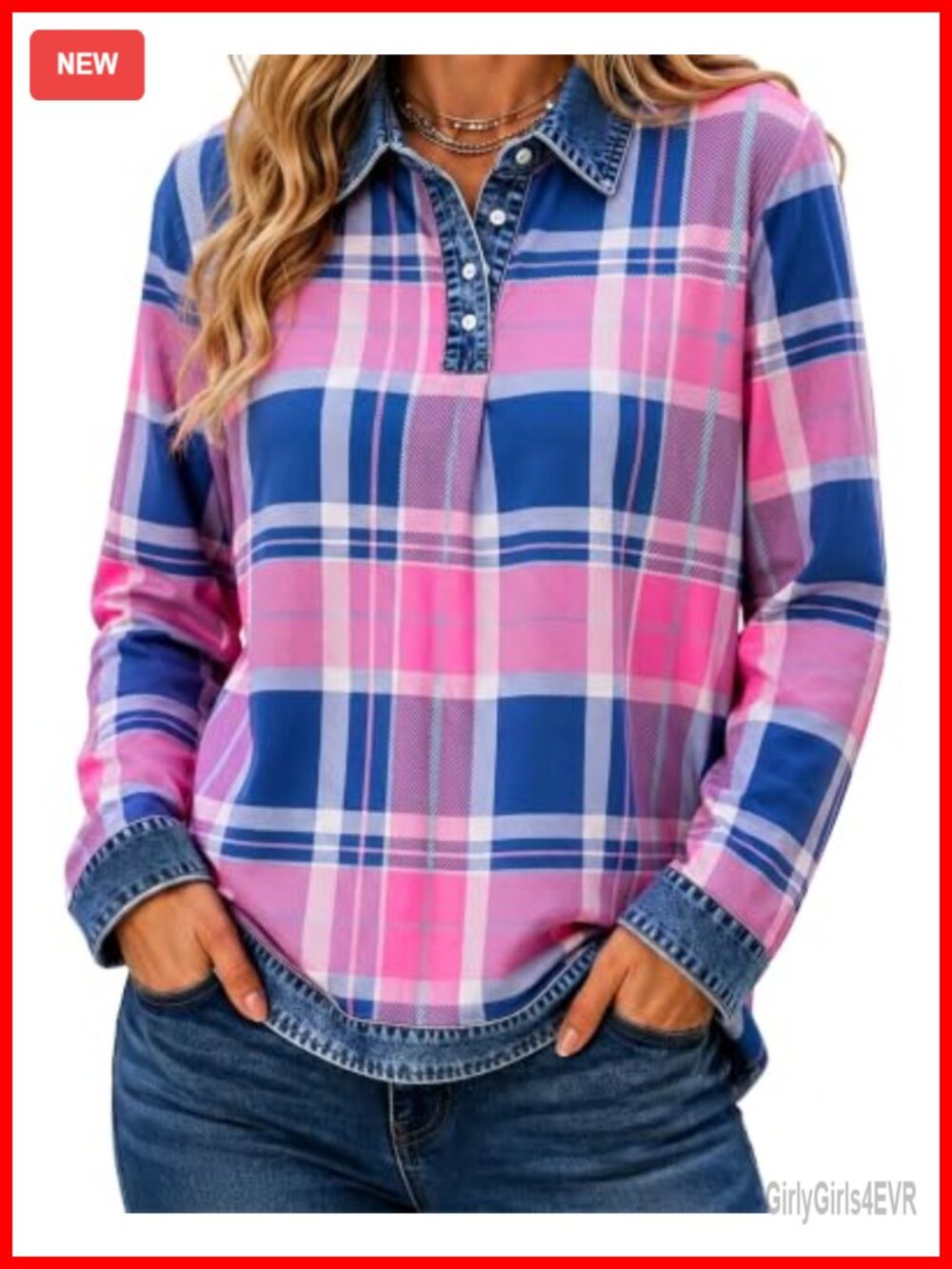 Womens Plaid Button-Down Shirt Long Sleeve Denim Trim Fall Top